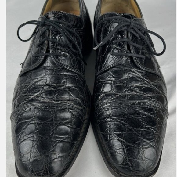 Zelli Genuine Crocodile Black Leather Lace Up Cap Toe Blucher Mens 9.5 M Italy - Picture 1 of 8